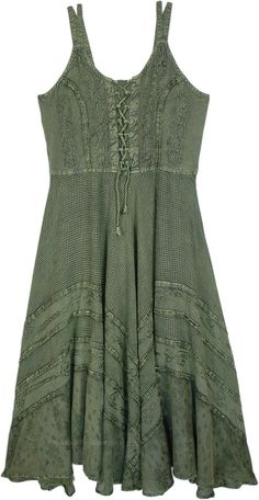 A very intricate and detailed medieval-style rayon dress that is sure to make you stand out from the crowd with its classic style! The dress has beautiful detailing on the front, which resembles a corset, and the uneven hemline looks very flattering on all shapes and sizes.  The strappy style keeps cool and the smocking on the back gives a bit of flexibility of size. #tlb #Sleeveless #Stonewash #Embroidered #Lace #vacationclothing #bohemianfashion #VintageDress #westerndress #renaissancedress #m Witchy Green Dress, Long Hippie Dress, Gothic Summer Corset Dress With Lace Trim, Sleeveless Corset Dress With Lace-up Back, Gothic Sleeveless Dress With Lace-up Back, Spring Bohemian Corset Dress, Fitted Medieval Summer Dress, Fitted Medieval Style Summer Dress, Fitted Medieval Dress For Summer