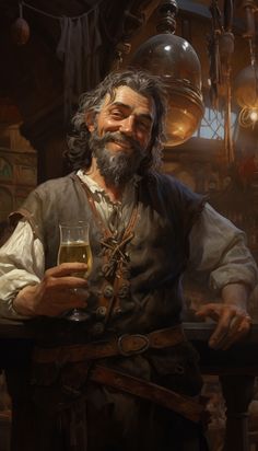 a painting of a man holding a glass of beer