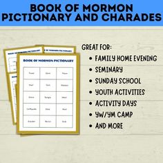 Book of Mormon Pictionary and Charades | Book of Mormon Games | Youth Games | LD Lds Pictionary Words, Book Of Mormon Minute To Win It, Lds Pictionary, Book Of Mormon Charades, Book Of Mormon Games For Youth, Book Of Mormon Trivia Questions, Book Of Mormon Games, Pictionary Word List, Pictionary Words