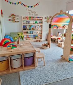 a child's playroom with toys, bookshelves and other items in it