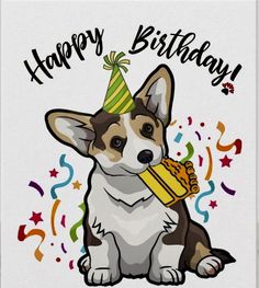 a card with a dog wearing a party hat and holding a birthday cake in it's mouth