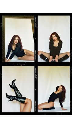 four pictures of a woman in black clothing and boots sitting on the floor with her legs crossed