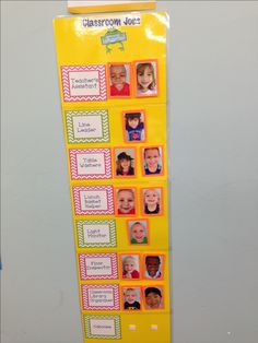 a yellow bulletin board with pictures of children's faces and names on it in front of a door