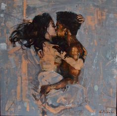 a painting of two people hugging each other