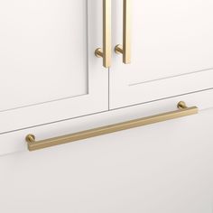 a close up of a white cabinet with brass handles