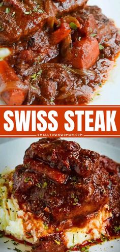 two pictures with different types of food on them and the words swiss steak above it