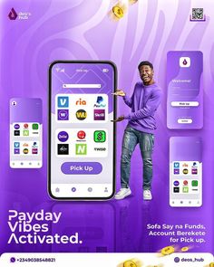 an advertisement for payday vibes activated with a man standing next to a phone