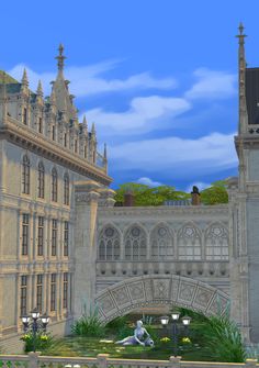 an animated image of a large building with a clock tower