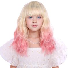 PRICES MAY VARY. -Cap Size：About 19.5 Inches with Adjustable Straps, 2 adjustable straps could help you adjust the wig cap size less or more for about 1-1.5 inches. -Color:Blonde Ombre Pink ,Weight: around 220g Approx，Length: around 14",please allow 5cm/2" in error. -Material: Made of high quality synthetic heat resistant fiber, look natural and touch soft,easy to comb,minimum shedding and tangling -Heat safe: heat resistant up to 150c/302f,please make sue the heat setting below 150c. -Warm Remi Blonde Pink Wig, Bangs For Kids, Blonde Pink, Air Bangs, Blonde With Pink, Ombre Pink, Pink Wig, 1 Rose, Curly Wig