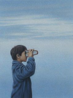 a painting of a boy looking through a telescope