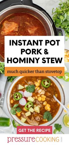 instant pot pork and hominy stew with text overlay