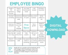 an employee bingo game with the words, how to play and instructions for each player