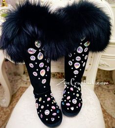 New WINTER Queen Style Knee High Bling and Sparkly Black Fur | Etsy Winter Queen, Wool Boots, Queen Style, Womens Booties, Flower Girl Shoes, Girls Shoes Sneakers, Booties Ankle Boots, Bling Shoes, Jan 17