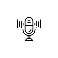 a black and white microphone with sound waves on the side, line art style icon