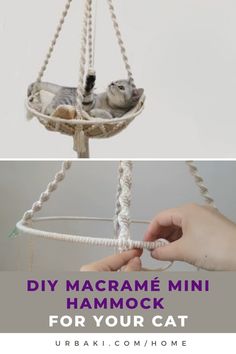 two pictures with the words diy macrame mini hammock for your cat