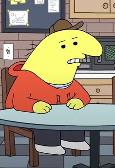 a cartoon character sitting at a table with his mouth open