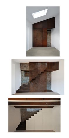 three different views of an empty room with stairs