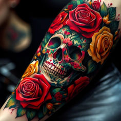 a woman's arm with roses and a skull on it