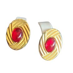 Vintage 80's Signed Ginnie Johansen 88 Clip Earrings (A4234) Size: 1.25" Color: Gold, Red Condition: Very good vintage  Era: Circa 1980's Signed:  Ginnie Johansen Details: Glass cabs center.  It is hard to read the name, looks like dated 88. Please look at all the photos, as they are part of the description. I try my best to point out any flaws. Also please remember this is a preloved piece and may show signs of light wear, marks, scratches, etc. I will be posting a lot more jewelry, Keep checki Red Formal Costume Jewelry Earrings, Red Costume Jewelry Earrings For Formal Occasions, Vintage Red Clip-on Earrings For Anniversary, Retro Red Formal Earrings, Red Vintage Clip-on Earrings For Anniversary, Retro Red Earrings For Formal Occasion, Red Retro Earrings For Formal Occasions, Retro Red Clip-on Earrings For Formal Occasions, Red Metal Earrings For Anniversary