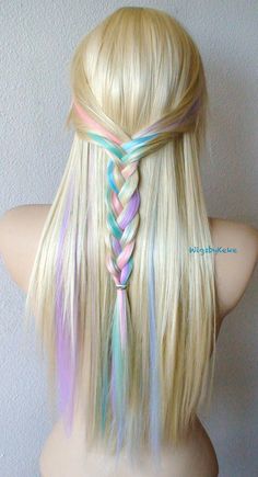 Blonde / Pastel colored hair wig. Fairy princess wig. by kekeshop Rainbow Braids, Temporary Hair Dye, Blonde Braids, Blue Streaks, Hair Color Pastel, Long Blonde, Pastel Hair, Colored Highlights, Long Straight Hair