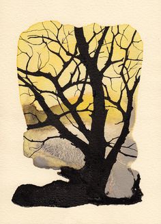 a drawing of a tree with no leaves on it and yellow sky in the background