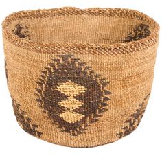 a woven basket with an african design on the front and side, in brown tones