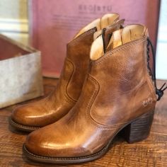 -Genuine Leather Bedstu “Xena” Booties -Tan Rustic -Runs Small, Fits More Like An 8 Or Even 7.5 -Never Worn -Purchased For $298 Western Brown Heels With Stacked Heel, Brown Boots With Heel Loop For Fall, Brown Ankle-high Boots With Heel Loop, Brown Heeled Boots With Leather Sole For Spring, Brown Fall Boots With Heel Loop, Brown Closed Toe Boots With Heel Loop, Brown Leather Lined Heeled Boots, Brown Heeled Boots With Leather Lining, Brown Boots With Heel Pull Tab For Spring