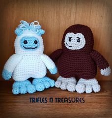 two crocheted stuffed animals sitting next to each other on a wooden surface with the words triples n treasures written below