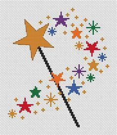 a cross stitch pattern with stars and sparklers on the side, as well as an arrow