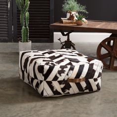 Krava Cowhide Floor Cushion Cowhide Ottoman, Ottoman Pouf, Linen Furniture, Chandelier Table Lamp, Square Ottoman, Contemporary Interiors, Pouf Ottoman, Table Vases, Black And White Design