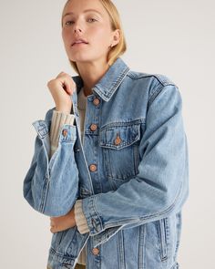 POV: when this jacket shows up and makes you forget about all your other outerwear.

Our organic cotton denim jacket is ready to be your go-to this spring—top your cozy sweaters now and your gauziest sundresses later. 

The 100% Organic Cotton Oversized Denim Jacket, always fairly priced at $59.90. Oversized Jean Jacket, Oversized Jeans, Oversized Denim Jacket, Classic Jeans, Spring Tops, Indigo Blue, Cozy Sweaters, Quince, Oversized Fits