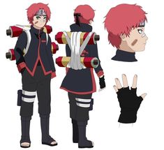 an anime character with red hair and black clothes, standing in front of three different poses