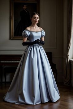 British Ball Gowns, Fancy 1800s Dresses, Blue Ball Gowns Royal, 1900s Dresses Ball Gowns, Bridgerton Dresses Prom, My Lady Jane Outfits, Royal Attire Princesses, Ballgown With Gloves, Elegant Vintage Dresses Victorian Gowns