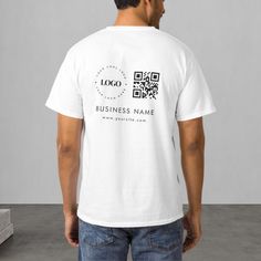 Promote your business with this stylish t-shirt, featuring custom logo, QR Code & text. Easily add your details by clicking on the "personalize" option. Tshirt Branding, Corporate T-shirt, Corporate Shirts, Text T Shirt, Tshirt Business, T Shirt Company, Mode Casual, Business Company, Business Shirts