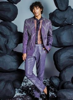 Deep Purple Embellished Jacket Set With Organza Shirt Contrast By Parth - Fabilicious Fashion Purple Jacket Outfit, Colorful Mens Fashion, Linen Jacket Men, Purple Shirt Outfits, Korean Suit, Xmas Party Outfits, Masc Outfits, Organza Shirt, Lucid Dream