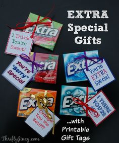 extra special gifts with printable gift tags and ribbon tied around the tag, on a blackboard background