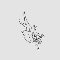 a black and white drawing of a hand reaching for flowers on a light gray background