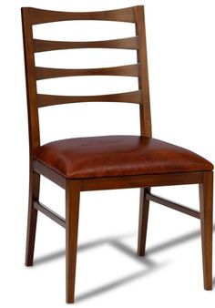 a wooden chair with brown leather seat and back