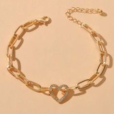 Heart Gold Tone Chain Bracelet, Faux Gemstones/Gold, Ships In 7-8 Days Gold Layered Bracelets, Rhinestone Anklet, Gold Bracelet Set, Heart Decor, Silver Jewelry Design, Silver Anklets, Rhinestone Heart, Heart Decorations, Heart Jewelry