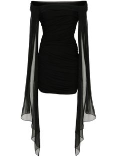 Find GIVENCHY Off-shoulder Draped Mini Dress on Editorialist. black stretch-jersey draped design semi-sheer panels off-shoulder short sleeves sash detail thigh-length full lining asymmetric hem concealed side zip fastening White Dress Performance, Full Sleeve Mini Dress, Black Dress Expensive, Draped Sleeve Dress, Black Short Dress With Sleeves, Off The Shoulder Drape Sleeve Dress, Short Dress Designs Fashion, Pretty Black Dresses Short, Short Black Dresses Party