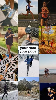 a collage of photos with people running and jogging