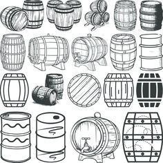 various types of barrels and barrels for wine or beer, hand drawn in black ink on white paper