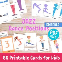 🌻 JAZZ DANCE POSITIONS printable flashcards for kids. A set of 86, 3-part cards picturing diverse kids practicing the positions of arms, feet and body in Jazz dance. Instant download educational material for dance teachers, with editable text labels and compatible with the Montessori learning method.  Each flashcard features our hand drawn illustrations of diverse boys and girls practicing Jazz dance positions and comes with and editable text label that can be translated to other languages.  Ou Danse Jazz, Text Label, Printable Flashcards, Montessori Learning, Dance Teachers, Flashcards For Kids, Printable Flash Cards, Learning Methods, Jazz Dance