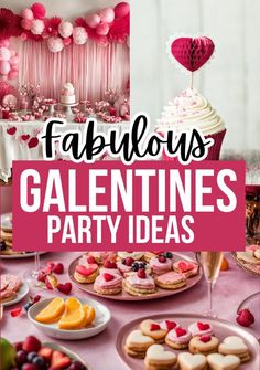 valentine's day party ideas with pink and white balloons, cupcakes, desserts and more