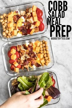 three plastic containers filled with different types of food and the words corb salad meal prep