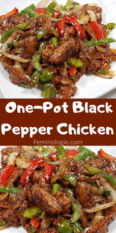 one pot black pepper chicken is shown on two plates