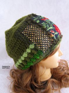 This green embroidered beanie hat is designed and handmade by me. The wool crochet beanie is made of very soft olive green angora wool yarns, floral patches,sequins fabric,Preciosa glass beads. Hat trim circumference: About 48 cm/ 19 inches This winter boho woman beanie is very lightweight,stretchy and comfortable!Machine wash on a gentle program. This unique handmade hat could be your jewelry, fashion accessory and stylish accent. It`s exclusive,one of a kind,because I don`t make more than one Whimsical Hand Knitted Green Hat, Whimsical Hand-knitted Green Hat, Whimsical Green Hand Knitted Hats, Green Hand Knitted Beanie Cap, Green Crochet Beanie Hat, One Size, Green Hand Knitted Beanie, Hand Knitted Green Beanie, Green Bohemian Crochet Beanie Hat, Green Crochet Beanie Hat (one Size Fits Most)