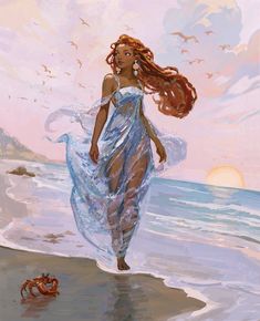 a painting of a woman walking on the beach with her hair blowing in the wind