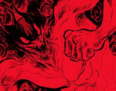 a red and black drawing of a demon with its mouth open in front of an evil looking creature