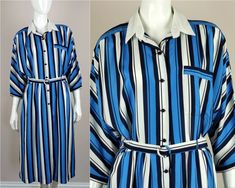 90s vintage smart shirtdress midi party day dress. Relaxed fit bodice, shirt collar and three quarter cuffed sleeves. Button down front, fitted waist and flared mid length bottom. Blue ivory stripe poly material. Lined  Excellent condition. Size estimate: m UK: 12 - 14 US: 10 - 12 EU: 40 - 42 Measurements: bust: 40 inch  sleeves: 17 inch  waist: 28 - 34 inch / 71 - 86 cm hips: free length: 47 inch - 119 cm Thank you for looking and please let me know if you have any questions - I am always happy Grecian Maxi Dress, Striped Print Dresses, Casual Midi Dress, Evening Tops, Midi Dress Casual, Classic Casual, Long Shirt Dress, Button Dress, Blue Ivory